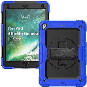 Beschermhoesje voor iPad 6e en 5e generatie, 9,7 inch (9,7 inch), met penhouder, polsband, 360 graden draaibaar, standaard, valbeveiliging, voor iPad 6/5/Air 2/Pro 9,7, blauw