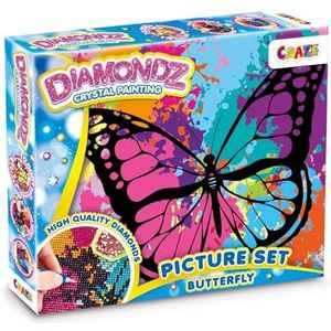 CRAZE DIAMONDZ Butterfly Diamond Painting kindervlinderset met frame, doe-het-zelf diamond painting knutselset, mozaïek maken voor kinderen, 25 x 35 cm