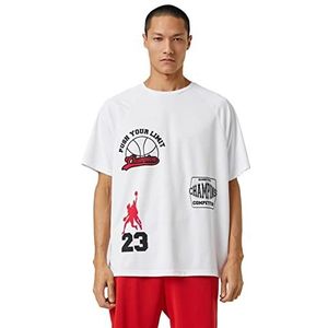 Koton Heren Oversized Sport T-shirt Basketbal Bedrukt Crew Neck, wit (000), L