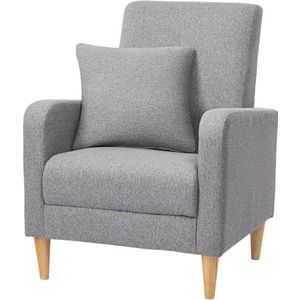 COLAMY Fauteuil voor de woonkamer, enkele bank voor slaapkamer, moderne gestoffeerde accentstoel met kussen, stoffen leeshoek, zijstoel met zacht traagschuim, loungestoel en houten poten, lichtgrijs