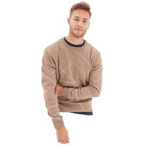 Trendyol Mannen ronde hals geometrische patroon slanke trui sweatshirt, nertskleur, XL, nertskleur, XL