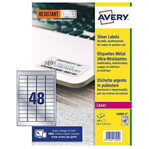 Avery L6009-5 Resistant Labels, Zilver (A4 Sheet van 46 x 21 mm, 240 Labels)