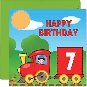 7e verjaardagskaart unisex - trein - gelukkige verjaardagskaart voor 7-jarige zoon dochter broer zus kleinzoon kleindochter nichtje neef neef, 145 mm x 145 mm verjaardagswenskaart