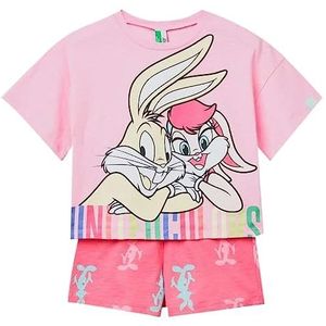 United Colors of Benetton Pig(T-shirt + short) 3Z010P03Z pyjamaset, meerkleurig, roze en fuchsia 05F, L voor meisjes, Meerkleurig: Roze en Fuchsia A Fantasia 05f, L