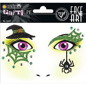 HERMA 15317 Face Art Sticker Heks, dermatologisch getest, verwijderbare glitter gezichtsstickers, tijdelijke tatoeages voor carnaval, Halloween, festival, kinderen, verjaardag, groen