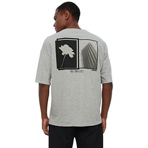 Trendyol Heren grijze mannen oversized ronde kraag korte mouwen print T-shirt, grijs, klein