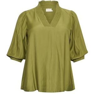 Kaffe Curve Plus-size damesblouse met V-hals, regular fit, halve mouwen, smocking, dames, Calla Green, 42 Groten mate