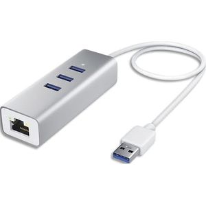 APM 570317 – USB 3.0-hub – meervoudige aansluiting – USB – type C op 3 USB-A + RJ45 gigabit-stekker/bus – 3 randaansluitingen – licht en compact – aluminium afwerking – grijs metaal