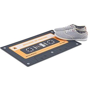 Relaxdays deurmat retro, 40 x 60 cm, voor binnen, van PVC, antislip voetmat cassettebandje, droogloopmat, zwart/oranje
