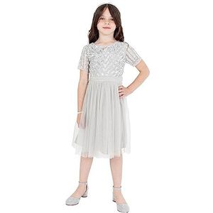 Maya Deluxe Midi-jurk voor meisjes met lovertjes verfraaiing met korte mouwen prom verjaardagsfeestje bruidsmeisje, zacht grijs, 7-8 jaar, Zacht Grijs, 7-8 jaar