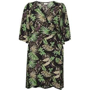 Kaffe Curve Plus-Size wikkeljurk voor dames, knielang, driekwart mouwen, groen/zwart/paarse palmprint, 48 (L)