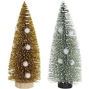 DKD Kerstboom Home Decor polyester houten pompons (2 stuks) (7 x 7 x 17 cm)