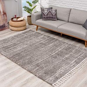 carpet city Tapijt hoogpolig woonkamer - Ethno stijl gemêleerd 80x300 cm grijs crème - tapijt loper met franjes