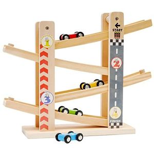 Houten racehelling, hoogwaardig houten speelgoed met 4 auto's, houten baan racer, auto helling, speelgoed voor jongens, verjaardagscadeaus