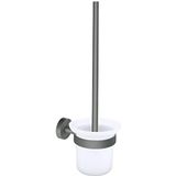 tesa® MOON GREY Toilet-set met Houder en Wc-borstel, mat grijs, satijn glas - voor Badkamers in Industriële en Moderne Stijl - Zonder Boren, Zelfklevend - 379 mm x 112 mm x 145 mm