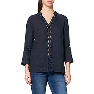 Bonateks, Tunesische kraagtuniek met kanten inzetstuk en 3/4 mouwen, 100% linnen, DE-maat: 34, Amerikaanse maat: S, bovenstuk, marine - Made in Italy, blauw, 34