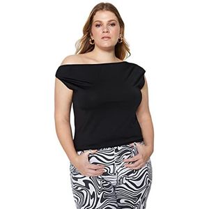 Trendyol Dames getailleerde asymmetrische kraag gebreide plus size blouse, Zwart, XXL