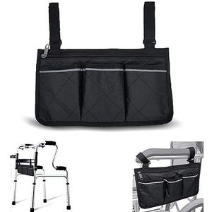 KONAMO Rolstoeltas met zakken, universele waterdichte zijzak voor armleuningen, voor elektrische rolstoel, scooter, loophulp, accessoires, zwart