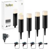 Xelloo® tuinverlichtingsset JAX, 12 Volt, 4 stuks aluminium/PVC designarmaturen 1W LED warm wit met aardespies, IP44 en met schuifaansluiting, makkelijk en veilig zelf uw tuinverlichting installeren