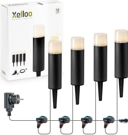 Xelloo® tuinverlichtingsset JAX, 12 Volt, 4 stuks aluminium/PVC designarmaturen 1W LED warm wit met aardespies, IP44 en met schuifaansluiting, makkelijk en veilig zelf uw tuinverlichting installeren