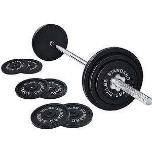 Signature Fitness Gietijzeren standaard halterschijven, inclusief 5FT standaard halter met stersloten, set van 20 kg (35 lbs platen + 4,5 kg barbell), meerdere pakketten, stijl #1