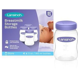 Lansinoh Breastmilk Storage Bottles Pack of 4 (160ml) fits NaturalWave teats, BPA & BPS free, Fridge or freezer storage, purple