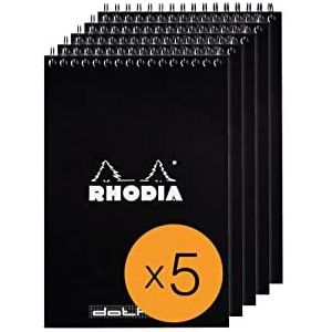 RHODIA 165039C notitieblok met spiraalbinding, zwart, A5, gestippeld, 80 vellen afneembaar, 80 g, envelop van gecoate kaart, verpakking met 5 blokken