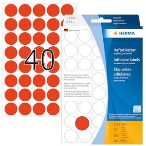HERMA 2256 multifunctionele etiketten/markeerpunten rond (Ø 19 mm, 24 vellen, papier, mat, geperforeerd) zelfklevend, permanente markering stippen voor handschrift, 960 puntstickers, fel rood