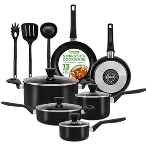 NutriChef Pannenset,13-delige Antiaanbak Kookgerei, Hittebestendige Keukenset, Steelpan, Koekenpannen, Kookpotten, Casserole, Deksels, Pollepel,Vork en Zeef, Zwart