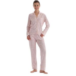 Dagi Dames lange mouw maat bedrukte stropdas gedetailleerde shirt broek pyjama pak pyjama set, Poeder, S