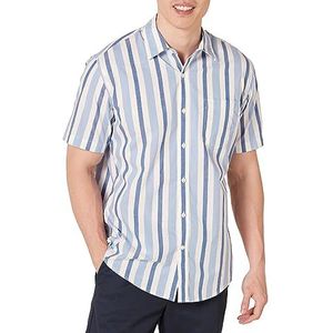 Amazon Essentials Men's Poplin overhemd met normale pasvorm en korte mouwen, Blauw Wit Streep, XS