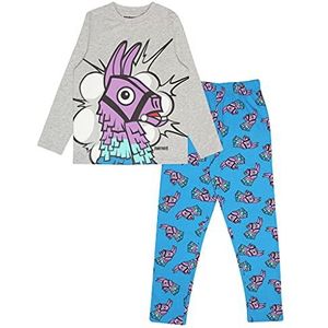 Fortnite Lama Jungen Lange Pyjamas Set Blau/Weiß Heather Grey 128 | PS4 PS5 Xbox Gamer Geschenke, Schule Jungen PJs, Kinderkleidung, Kindergeburtstags-Geschenk-Idee