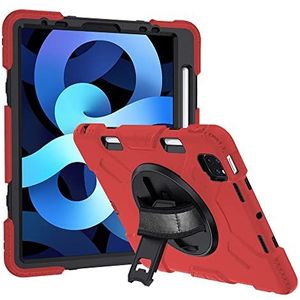 beschermhoes voor iPad Air 4/5 10,9 inch (25,6 cm), robuuste beschermhoes met 360 graden draaibare standaard, verstelbare polsband & penhouder – rood + zwart