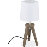 Relaxdays tafellamp driepoot, hout & stof, Scandinavisch design, E14, HxØ: 31 x 14 cm, nachtlampje, wit/bruin