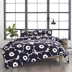 Marimekko Katoenen dekbedovertrek met bijpassende kussenslopen en knoopsluiting, medium gewicht voor alle seizoenen, Unikko donkergrijs, Queen