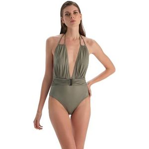 Dagi Khaki Fashion Gebreide Niet-Bedrade Halter Nek Badpak Verwijderbare Padding Vaste Strap Zwempak, Khaki, 38, Kaki, 38