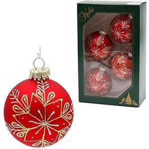 Lauschaer Kerstboomversiering - set van 4 kerstballen in mat rood, met de hand versierd met glitter - decor in goud en zilver, met gouden kroontjes, diameter ca. 10 cm