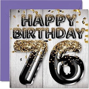 76e verjaardagskaart voor mannen - zwarte en gouden glitterballonnen - gelukkige verjaardagskaarten voor 76-jarige man vader overgrootvader opa oma, 145 mm x 145 mm zesenzeventig zesenzeventigste