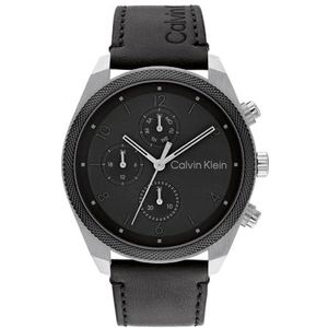 Calvin Klein Analoog multifunctioneel kwartshorloge voor heren, impactcollectie met roestvrijstalen of lederen armband, Zwart, Leer