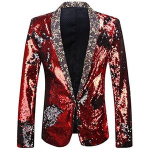 PYJTRL Mannen stijlvolle twee kleur conversie glanzende pailletten blazer pak jas, Rood + Zwart, XL