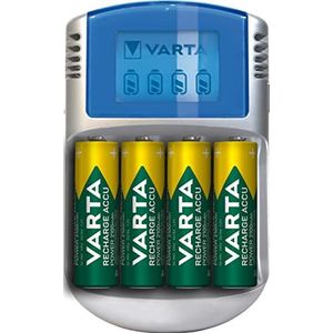 Varta Caricabatterie LCD per AA/AAA con 4 Batterie AA 2600 mAh, Adattatore 12V e Cavo USB Inclusi