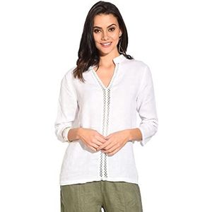 Bonateks Tuniek top voor dames, 100% linnen, gemaakt in Italië, tuniek met Tunesische kraag met kanten inzetstuk en 3/4-mouwen, wit, maat: L, Wit, L