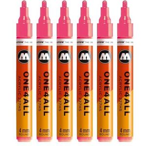 Molotow One4All 227HS acryl marker (4,0 mm lijndikte, zeer dekkend en permanent, sneldrogend, navulbaar, voor bijna alle ondergronden) 6 stuks kleur 262 antistatisch neonrood fluo