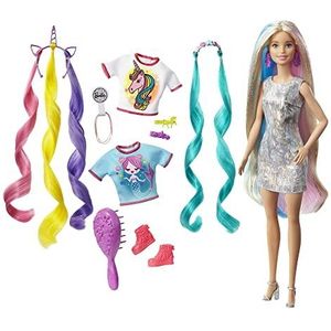 ​Barbie Fantasiehaar Pop, blond, met twee versierde kronen, 2 tops en accessoires voor een zeemeermin- en eenhoornlook, en haarstyling accessoires; voor kinderen van 3 - 7 jaar, GHN04