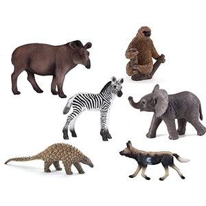 MOJO Set van 6 jungle-dierenfiguren, maat M (inhoud: 1 baby-zebra, 1 Afrikaanse baby-olifant, 1 Indiase pangolin, 1 luiaard met twee vingers, 1 Afrikaanse hond en 1 Braziliaans tapijt)