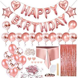 Keten Verjaardagsdecoratie roségoud, Happy Birthday slinger 24 confetti en latex ballonnen 4 hart ster folieballonnen gordijn en wegwerp tafelkleed ballonlinten