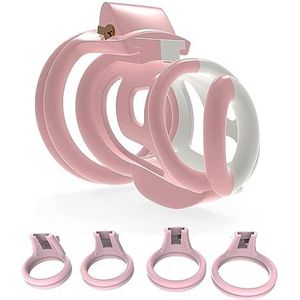 Small Chastity Cage for Men Plastic Sissy Male Chastity Devices Locked with 4 Rings of Different Size BDSM Sex Male Cock Cage for Sexual Adult (Pink)