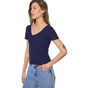 Trendyol Dames getailleerd basic ronde hals gebreide blouse shirt, Donkerblauw, M