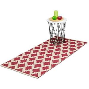 Relaxdays vloerkleed - katoen - tapijt - 70 x 140 cm - karpet - antislip - ruitjes - rood