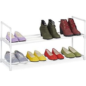 Relaxdays schoenenrek metaal, 2 etages, 8 paar schoenen, hal, uitbreidbaar, metaal & kunststof, schoenenkast, wit